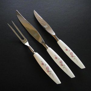 Vtg Mode Danish Sheffield England 3 Piece Carving Set MCM White Pink Rose Flower